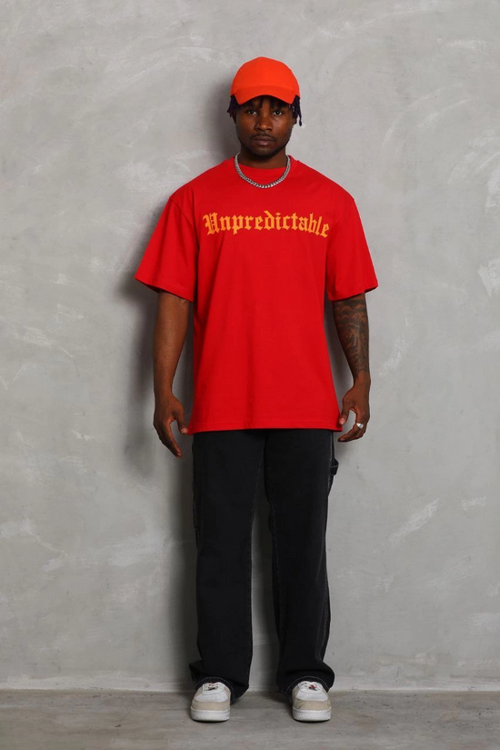 Erkek Baskılı Tişört Kısa Kol Bisiklet Yaka Oversize T-Shirt - Kırmızı