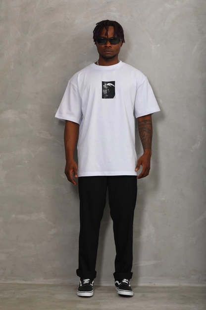 Erkek Kısa Kol Yazlık Tişört Bisiklet Yaka Baskılı Oversize T-Shirt - Beyaz