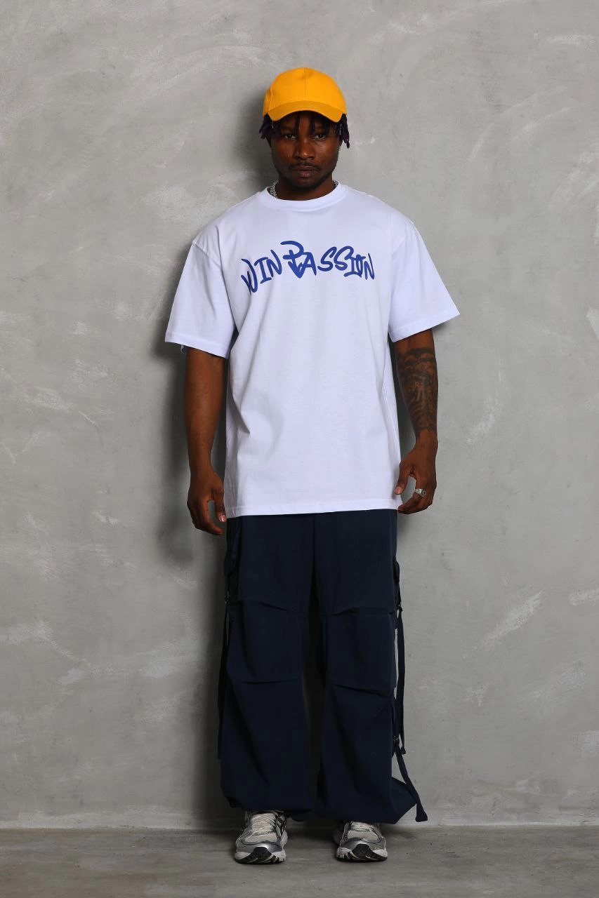 Erkek Baskılı Tişört Kısa Kol Bisiklet Yaka Oversize T-Shirt - Beyaz