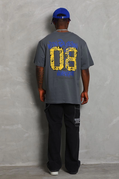 Erkek Baskılı Tişort Kısa Kol Bisiklet Yaka Oversize T-Shirt - Füme