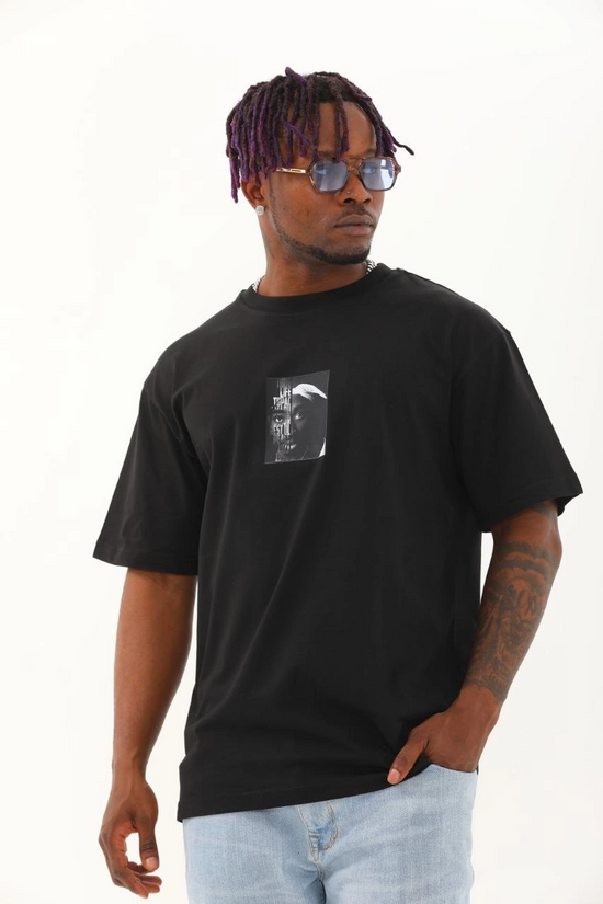 Erkek Kısa Kol Yazlık Tişört Bisiklet Yaka Baskılı Oversize T-Shirt - Siyah