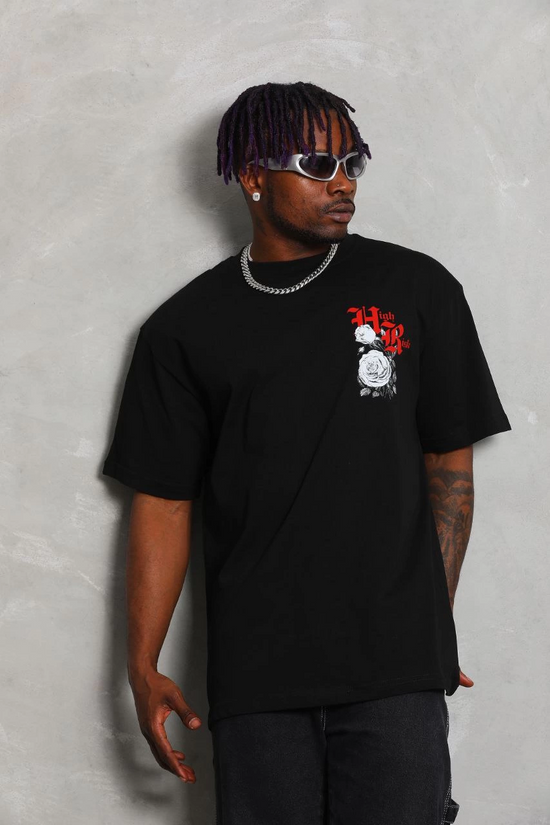 Erkek Kısa Kol Yazlık Tişört Bisiklet Yaka Baskılı Oversize T-Shirt - Siyah