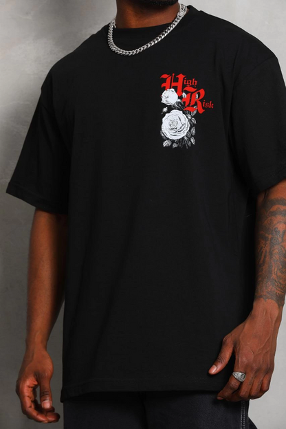 Erkek Kısa Kol Yazlık Tişört Bisiklet Yaka Baskılı Oversize T-Shirt - Siyah