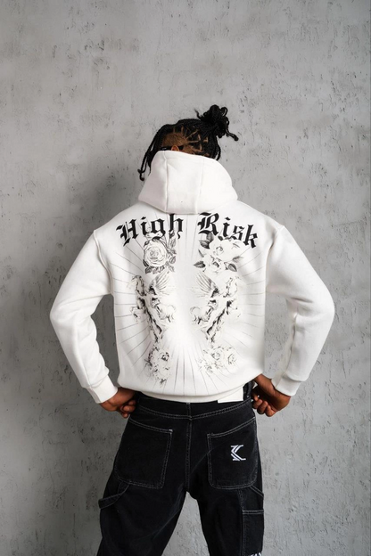 Erkek 3 İplik Pamuklu Kapüşonlu Baskılı Cepli Oversize Sweatshirt Hoodie - Beyaz