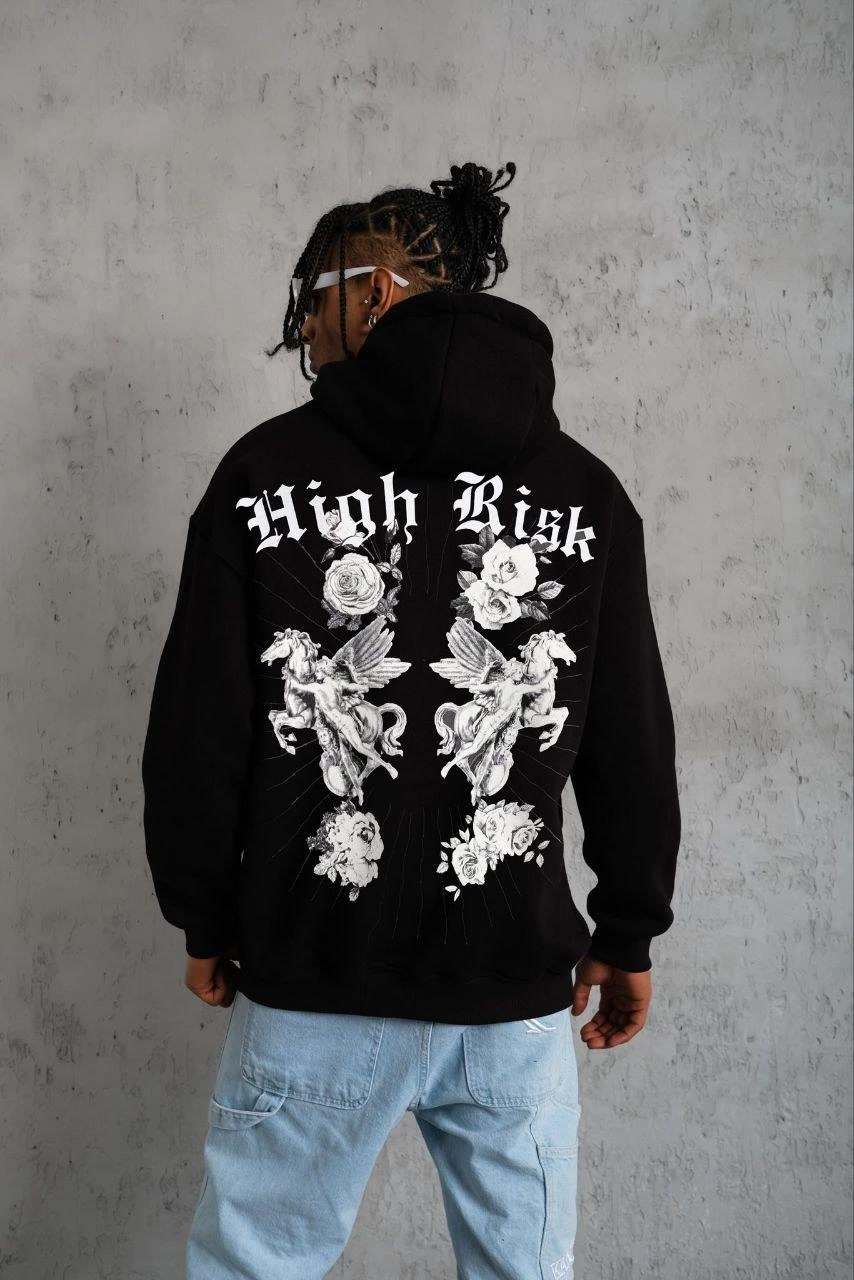 Erkek 3 İplik Pamuklu Kapüşonlu Baskılı Cepli Oversize Sweatshirt Hoodie - Siyah