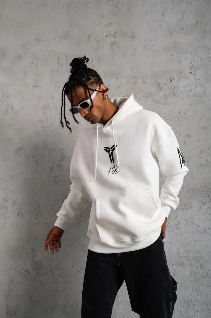 Erkek 3 İplik Pamuklu Kapüşonlu Baskılı Cepli Oversize Sweatshirt Hoodie - Beyaz