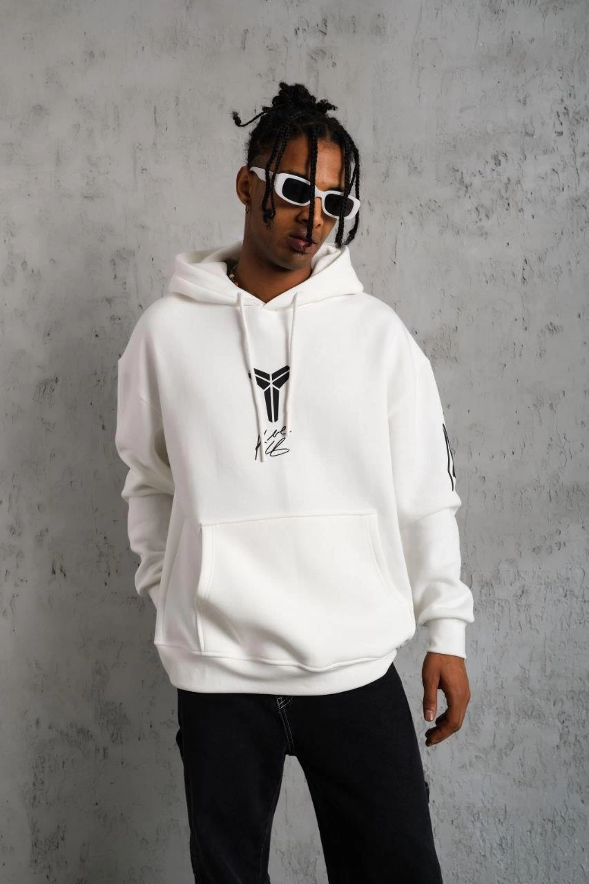 Erkek 3 İplik Pamuklu Kapüşonlu Baskılı Cepli Oversize Sweatshirt Hoodie - Beyaz