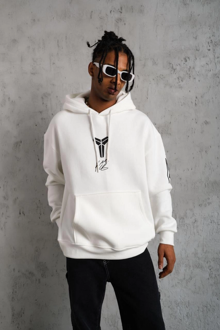 Erkek 3 İplik Pamuklu Kapüşonlu Baskılı Cepli Oversize Sweatshirt Hoodie - Beyaz