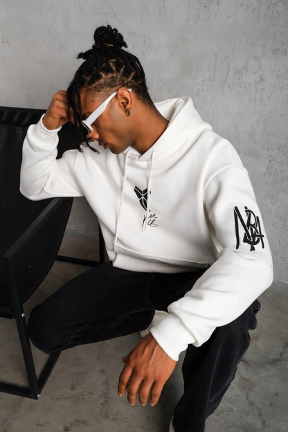 Erkek 3 İplik Pamuklu Kapüşonlu Baskılı Cepli Oversize Sweatshirt Hoodie - Beyaz