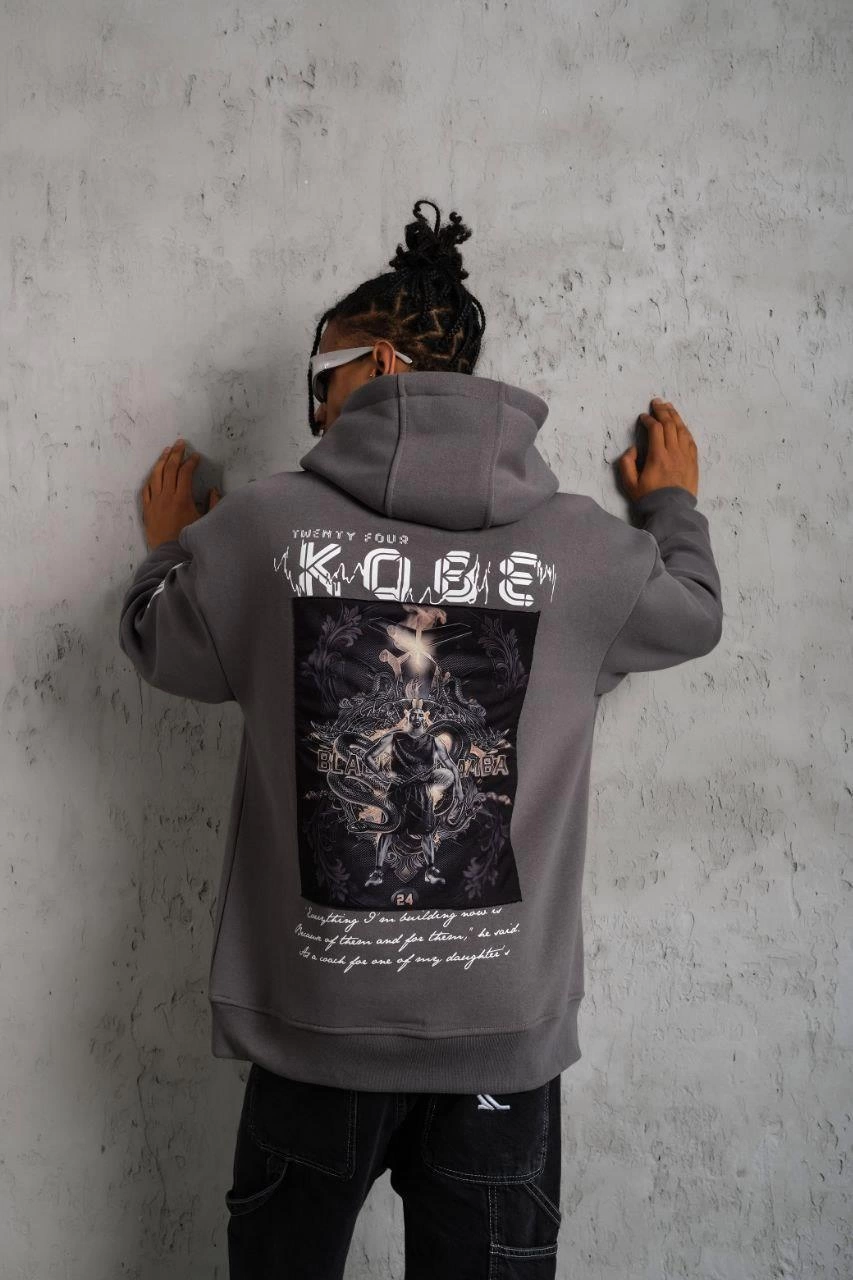 Erkek Baskılı Kapüşonlu 3 iplik pamuklu Hoodie Sweatshirt - Gri