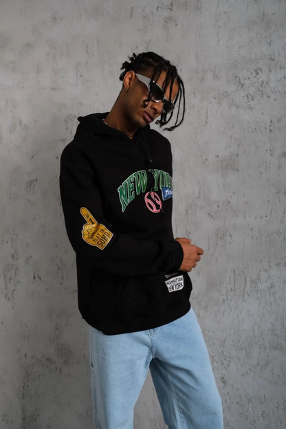 Erkek 3 İplik Pamuklu Kapüşonlu Baskılı Cepli Oversize Sweatshirt Hoodie - Siyah