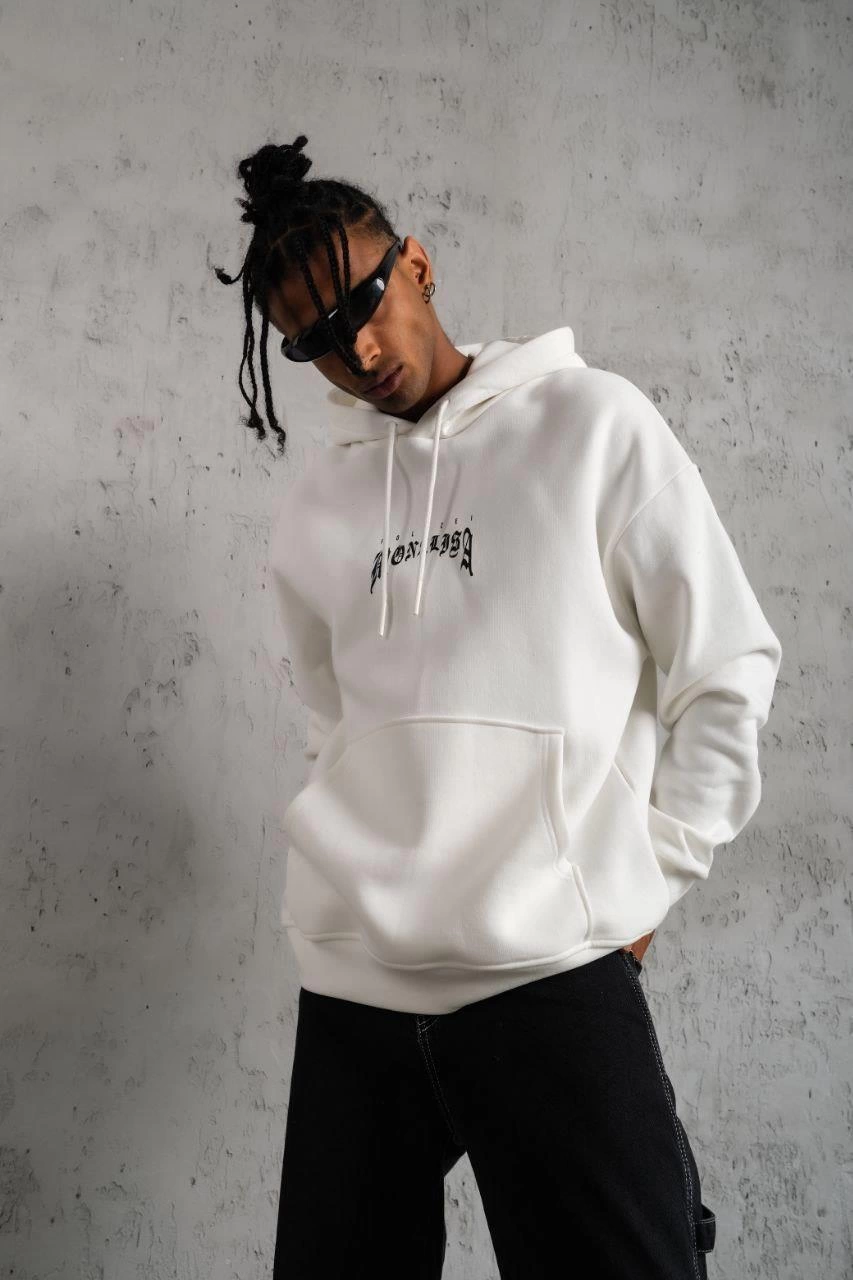 Erkek Baskılı Kapüşonlu ve Kanguru Cepli Sweatshirt hoodie - Beyaz
