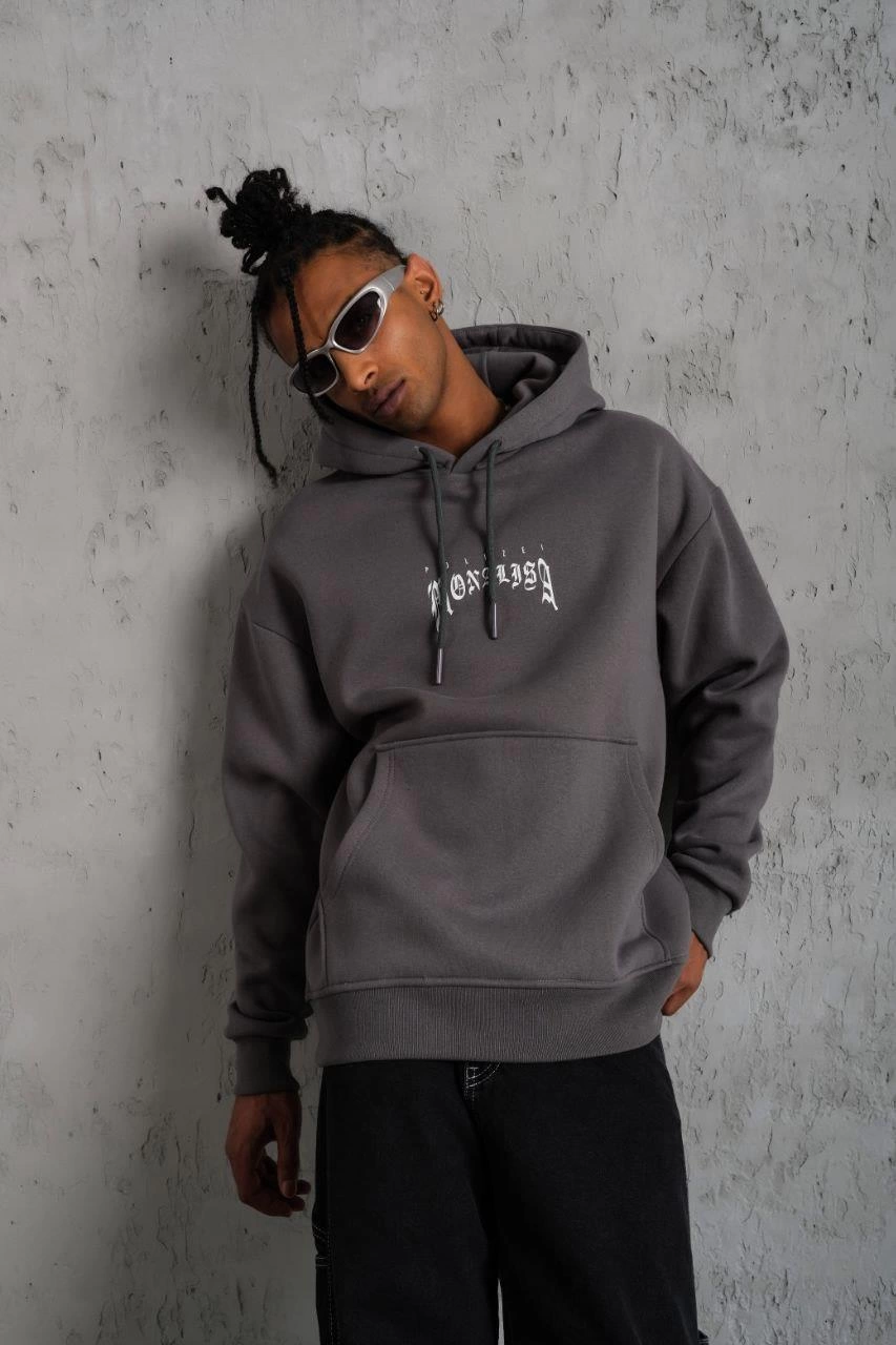 Erkek 3 İplik Pamuklu Kapüşonlu Baskılı Cepli Oversize Sweatshirt Hoodie - Gri