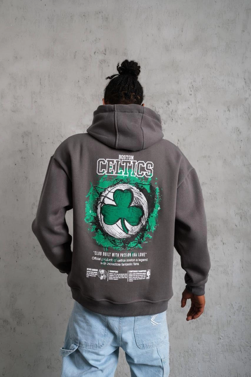 Erkek 3 İplik Pamuklu Kapüşonlu Baskılı Cepli Oversize Sweatshirt Hoodie - Gri