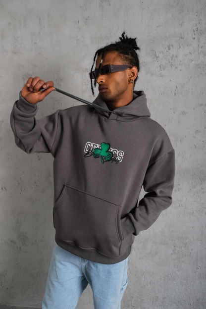 Erkek 3 İplik Pamuklu Kapüşonlu Baskılı Cepli Oversize Sweatshirt Hoodie - Gri