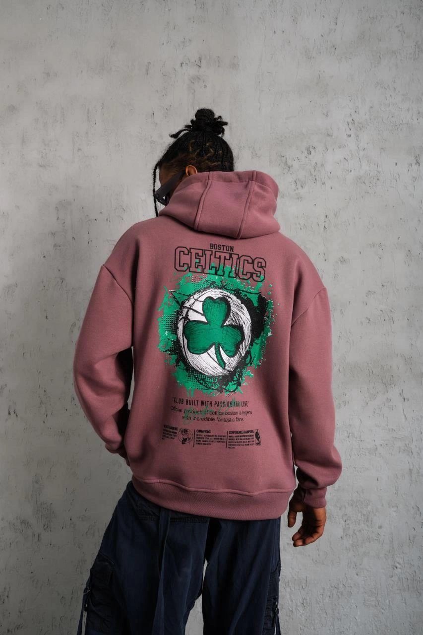 Erkek 3 İplik Pamuklu Kapüşonlu Baskılı Cepli Sweatshirt Hoodie - Gül Kurusu