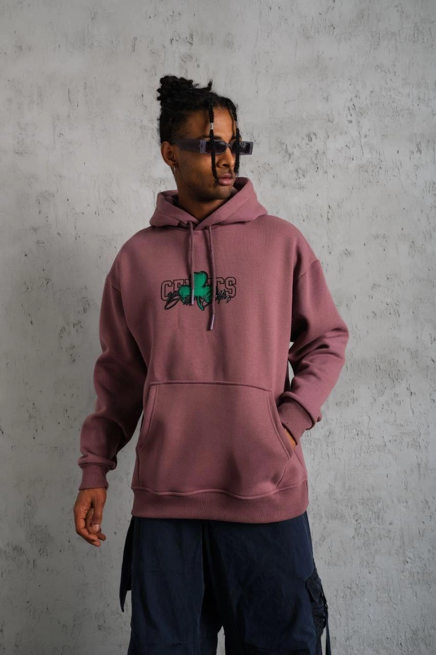 Erkek 3 İplik Pamuklu Kapüşonlu Baskılı Cepli Sweatshirt Hoodie - Gül Kurusu