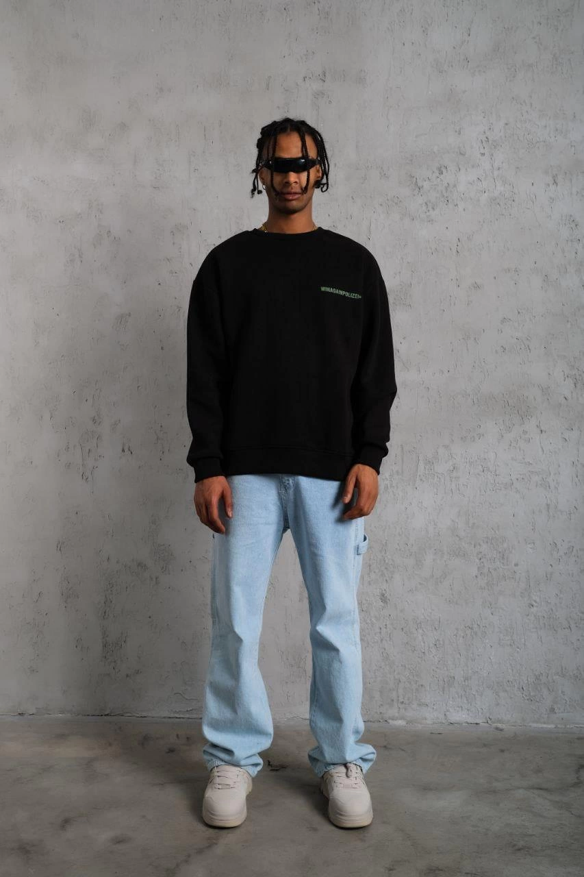 Erkek Bisiklet Yaka Baskılı 3 iplik pamuklu Sweatshirt - Siyah