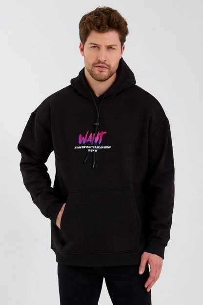 Erkek 3 İplik Pamuklu Kapüşonlu Baskılı Cepli Oversize Sweatshirt Hoodie - Siyah