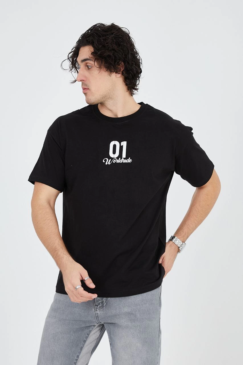 Erkek Baskılı T-Shirt Kısa Kol Bisiklet Yaka Regular Fit Rahat Kalıp Günlük Tişört - Siyah