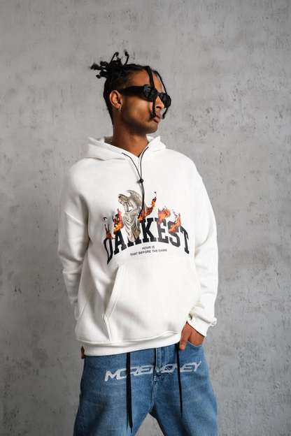Erkek 3 İplik Pamuklu Kapüşonlu Baskılı Cepli Oversize Sweatshirt Hoodie - Beyaz