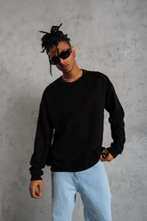 Erkek Bisiklet Yaka Baskılı 3 İplik Pamuklu Sweatshirt -  Siyah
