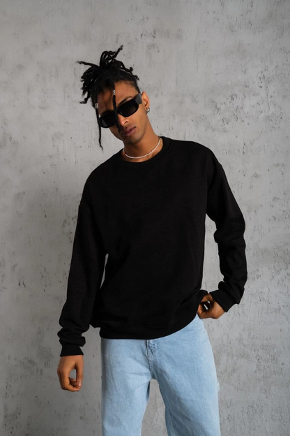 Erkek Bisiklet Yaka Baskılı 3 İplik Pamuklu Sweatshirt -  Siyah