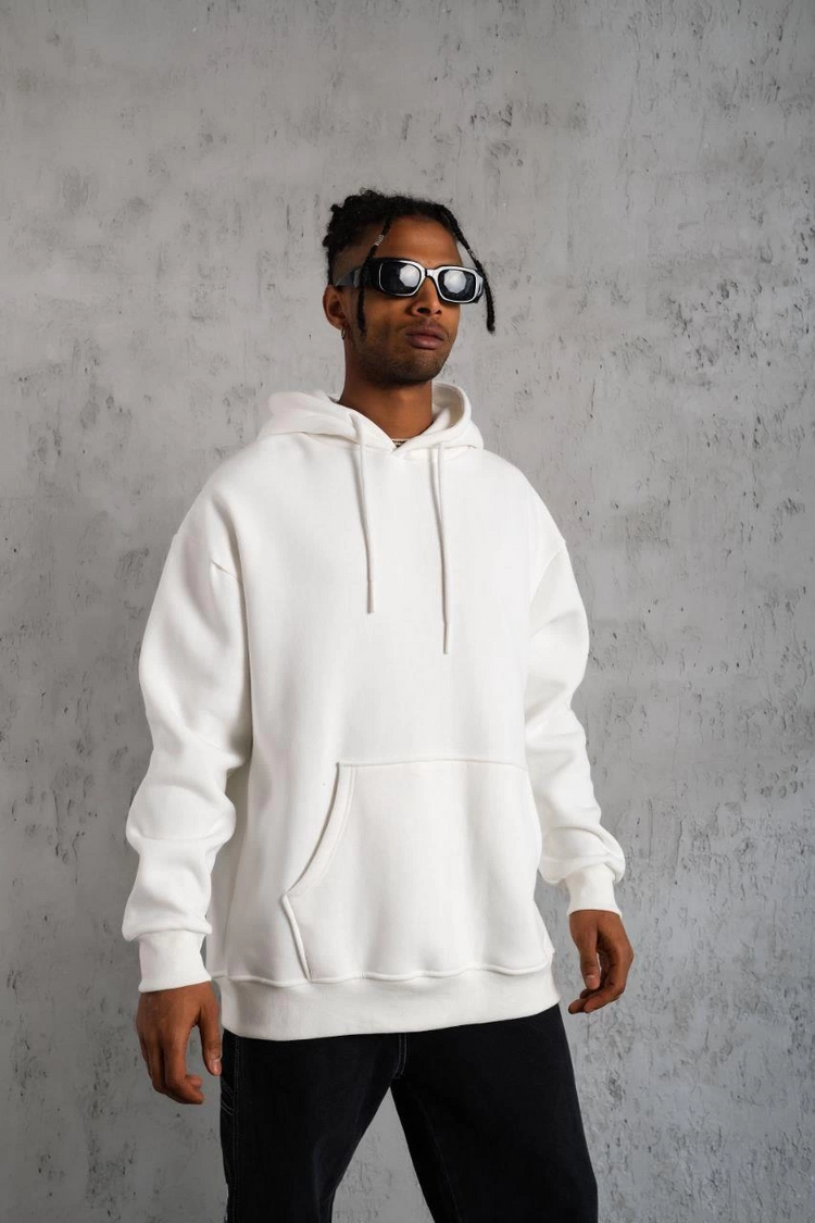 Erkek 3 İplik Pamuklu Kapüşonlu Kanguru Cepli Sweatshirt Hoodie - Beyaz