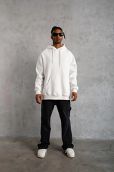 Erkek 3 İplik Pamuklu Kapüşonlu Kanguru Cepli Sweatshirt Hoodie - Beyaz