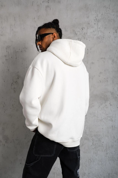 Erkek 3 İplik Pamuklu Kapüşonlu Kanguru Cepli Sweatshirt Hoodie - Beyaz
