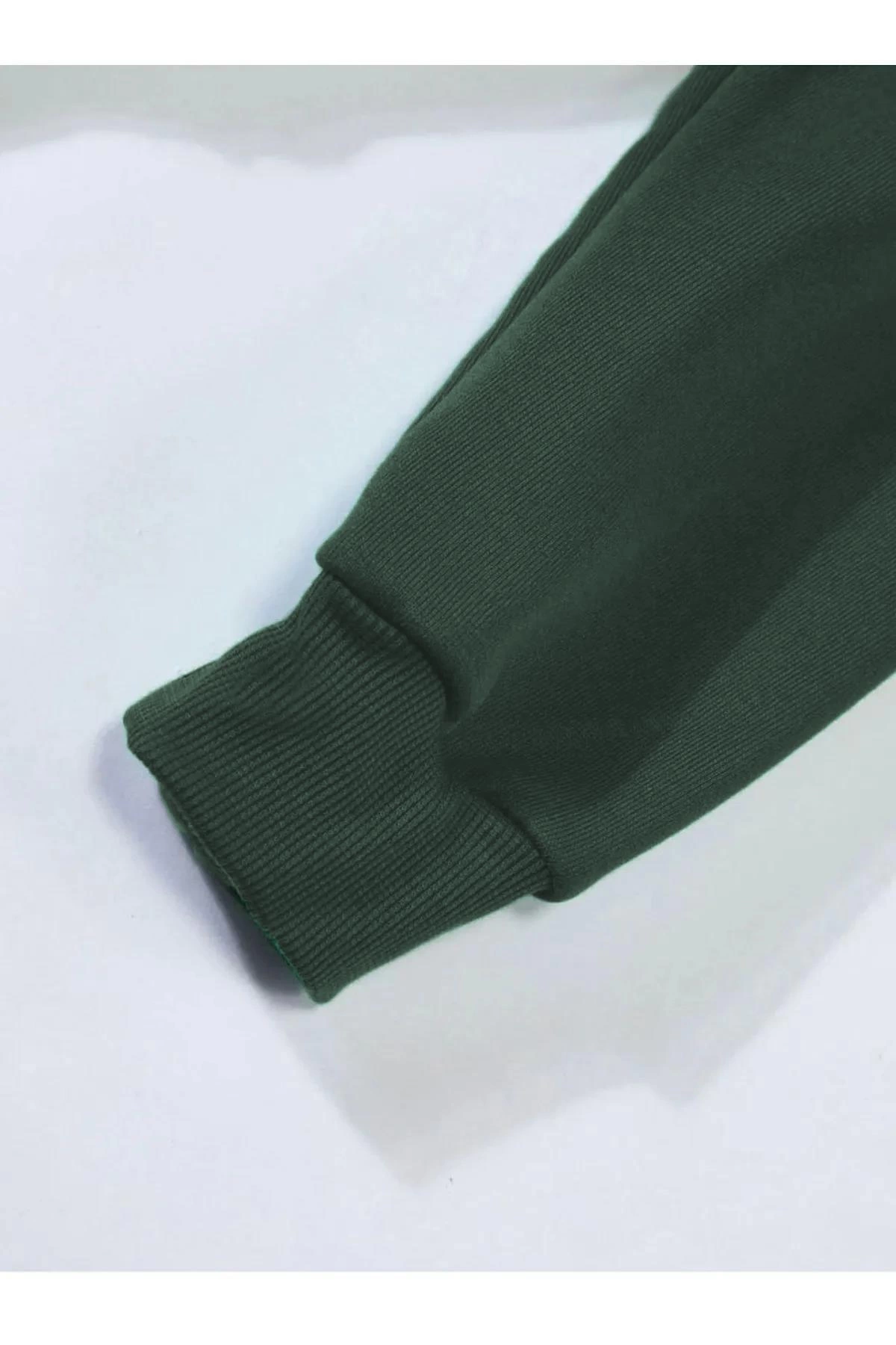 Erkek 3 İplik Pamuklu Kapüşonlu Kanguru Cepli Sweatshirt Hoodie -  Koyu Yeşil