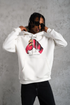Erkek Kapüşonlu Cepli Boks Eldiven Baskılı 3 İplik Sweatshirt Hoodie - Beyaz