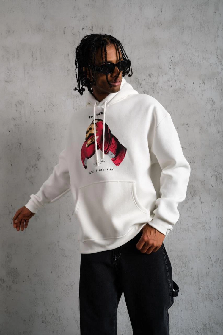 Erkek Kapüşonlu Cepli Boks Eldiven Baskılı 3 İplik Sweatshirt Hoodie - Beyaz