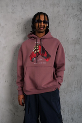 Erkek Kapüşonlu Cepli Box Eldiven Baskılı 3 İplik Sweatshirt Hoodie - Gül Kurusu