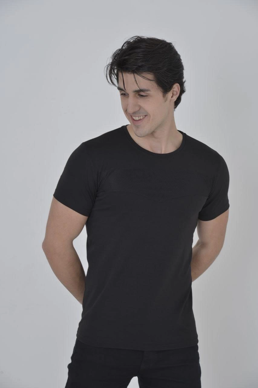Erkek Gögüs Fileli T-Shirt Kısa Kol Bisiklet Yaka Slimfit Tişört  - Siyah