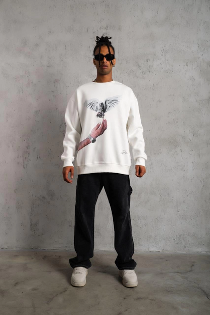 Erkek Güvercin Baskılı 3 iplik pamuklu Bisiklet Yaka Sweatshirt - Beyaz