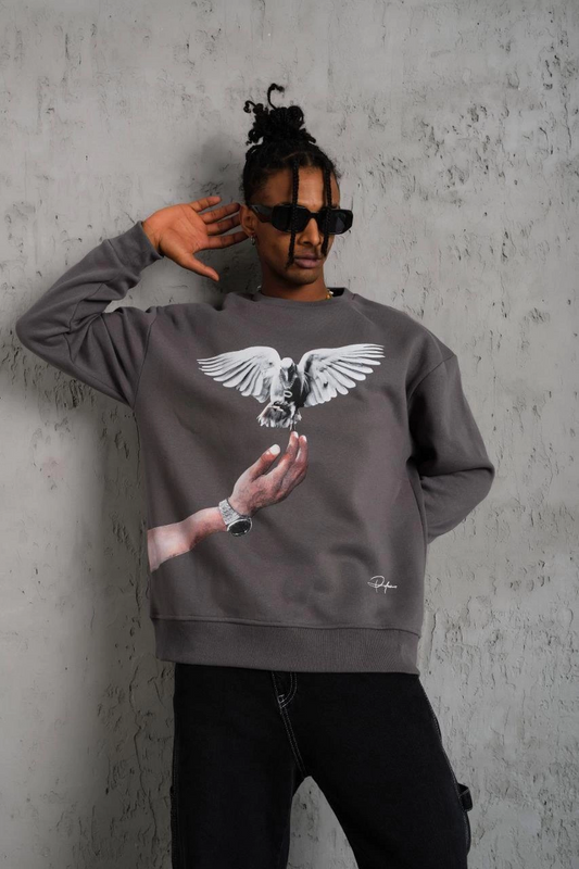 Erkek Güvercin Baskılı 3 iplik pamuklu Bisiklet Yaka Sweatshirt - Gri