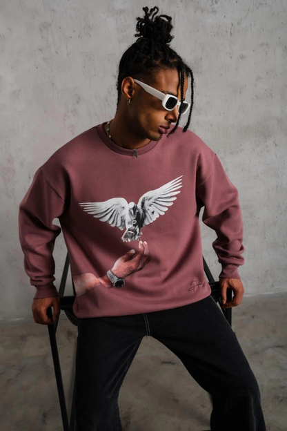 Erkek Güvercin Baskılı Bisiklet Yaka Sweatshirt 3 iplik pamuklu - Gül Kurusu