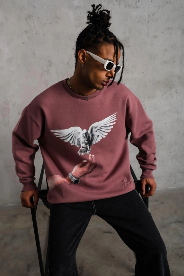Erkek Güvercin Baskılı Bisiklet Yaka Sweatshirt 3 iplik pamuklu - Gül Kurusu