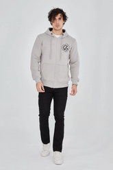 Erkek 3 İplik Pamuklu Fermuarlı Kapüşonlu Kanguru Cepli Baskılı Hoodie Hırka Sweatshirt - Boyalı Gri