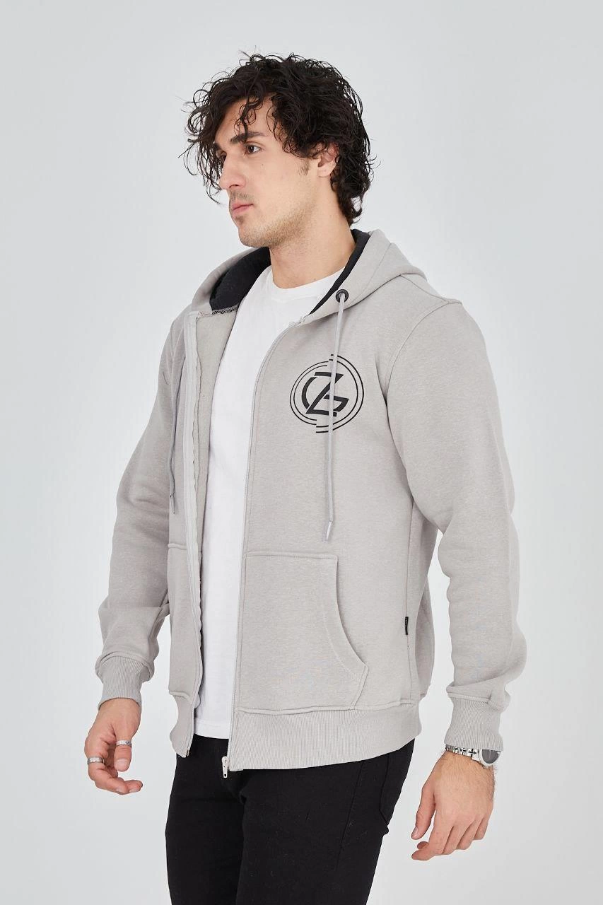 Erkek 3 İplik Pamuklu Fermuarlı Kapüşonlu Kanguru Cepli Baskılı Hoodie Hırka Sweatshirt - Boyalı Gri