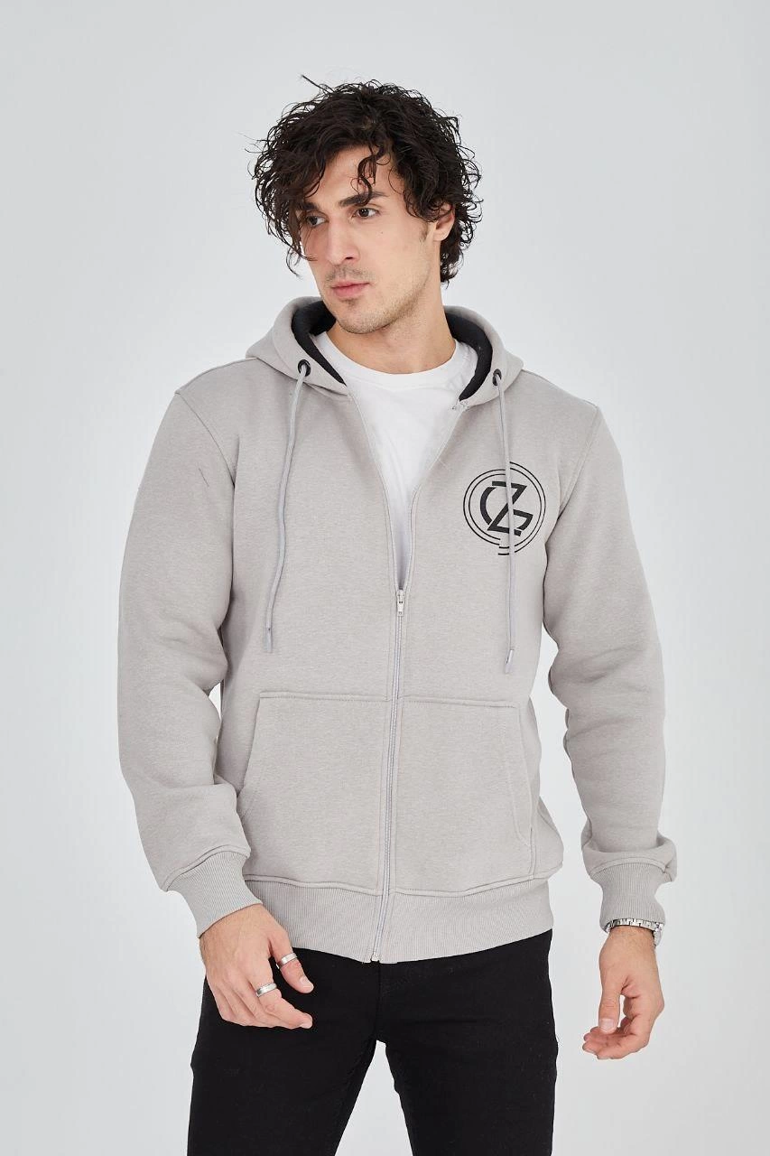 Erkek 3 İplik Pamuklu Fermuarlı Kapüşonlu Kanguru Cepli Baskılı Hoodie Hırka Sweatshirt - Boyalı Gri