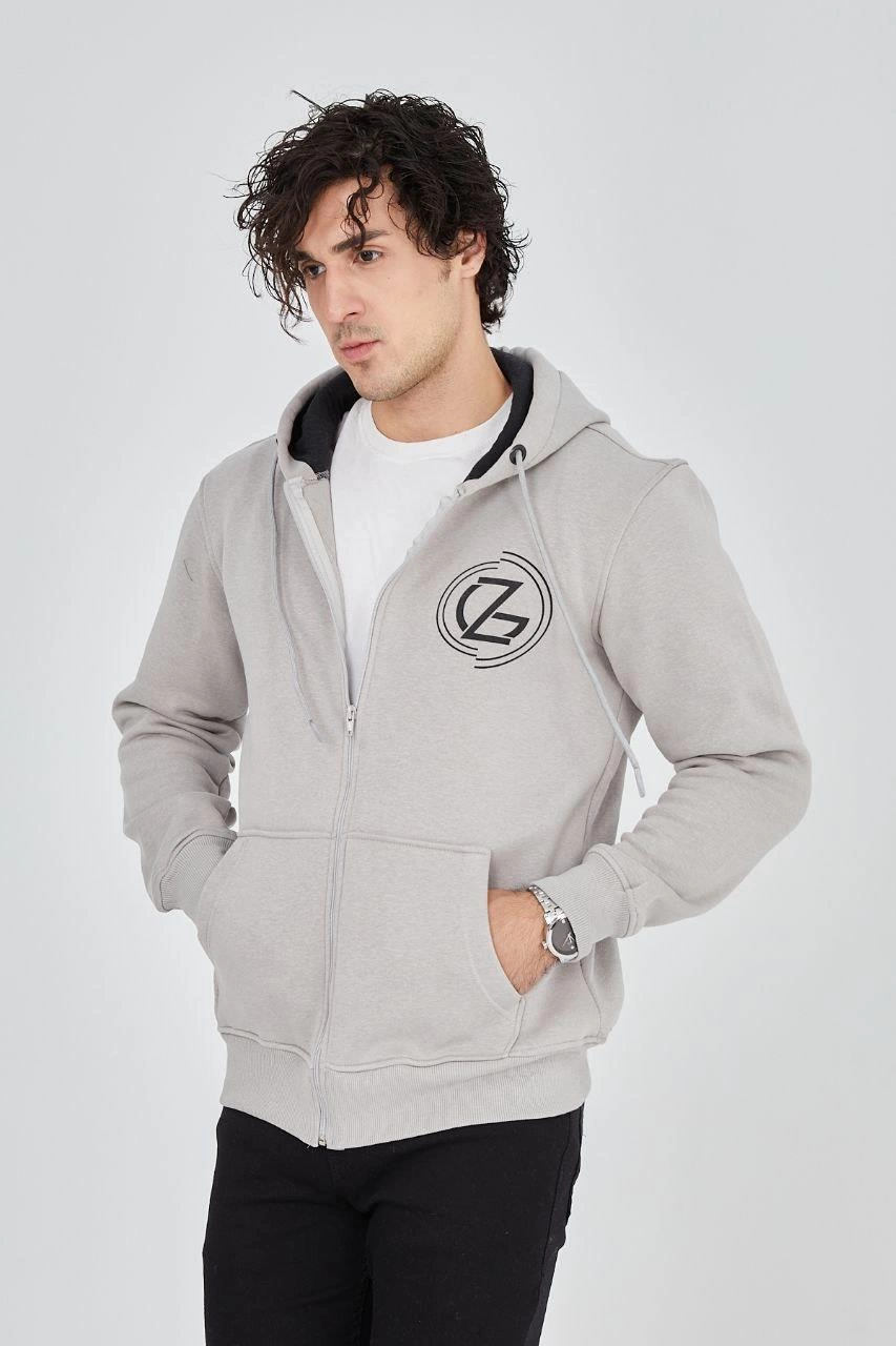 Erkek 3 İplik Pamuklu Fermuarlı Kapüşonlu Kanguru Cepli Baskılı Hoodie Hırka Sweatshirt - Boyalı Gri