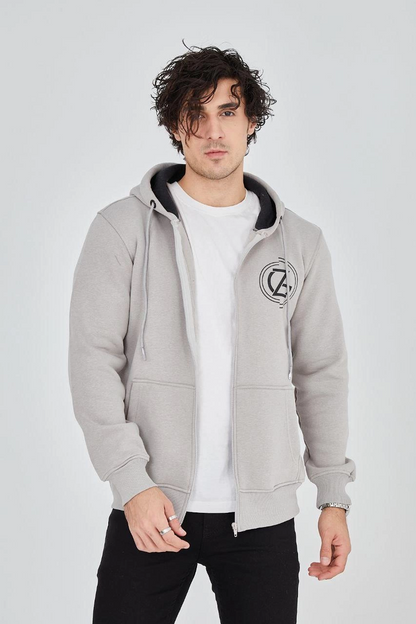 Erkek 3 İplik Pamuklu Fermuarlı Kapüşonlu Kanguru Cepli Baskılı Hoodie Hırka Sweatshirt - Boyalı Gri