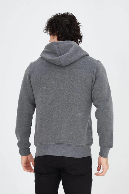 Erkek 3 İplik Pamuklu Fermuarlı Kapüşonlu Kanguru Cepli Baskılı Hoodie Hırka Sweatshirt - Füme