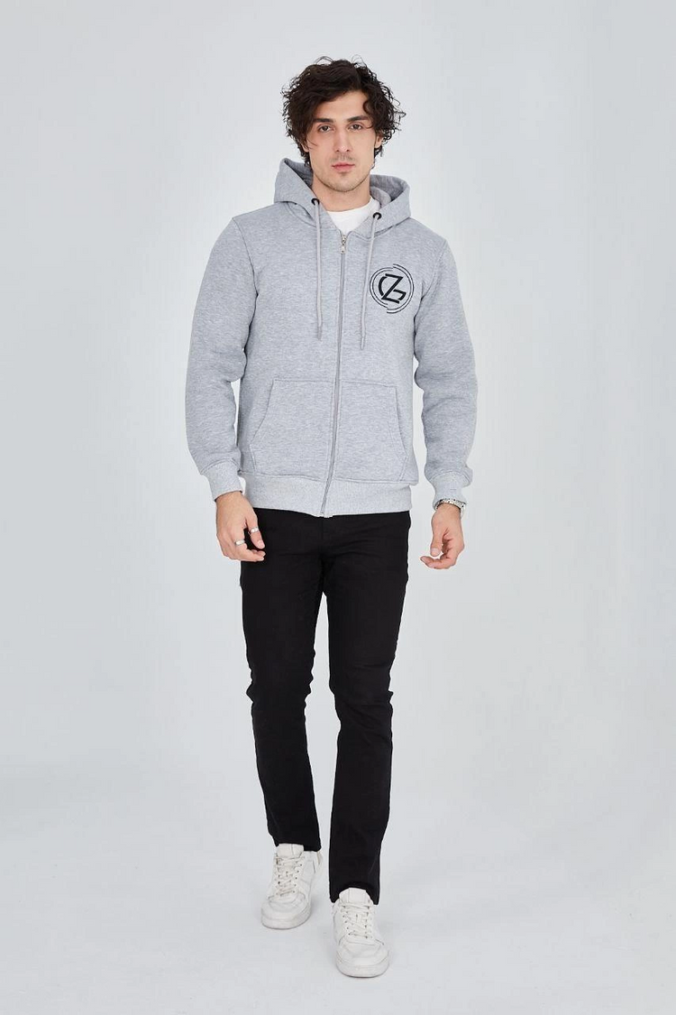 Erkek 3 İplik Pamuklu Fermuarlı Kapüşonlu Kanguru Cepli Baskılı Hoodie Hırka Sweatshirt -Gri
