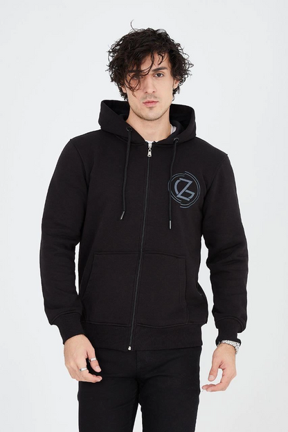 Erkek 3 İplik Pamuklu Fermuarlı Kapüşonlu Kanguru Cepli Baskılı Hoodie Hırka Sweatshirt - Siyah