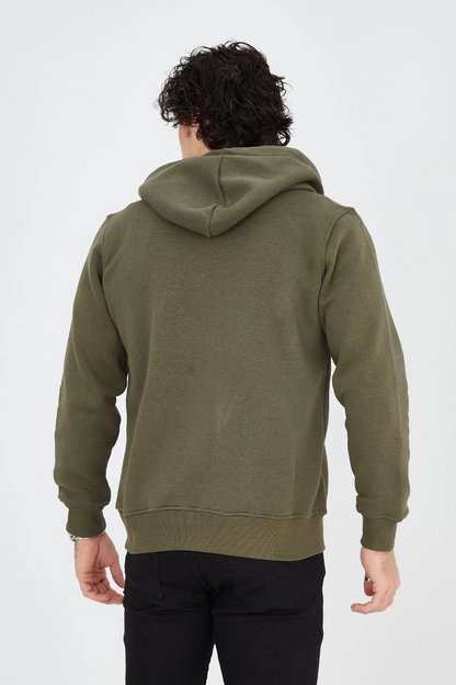 Erkek 3 İplik Pamuklu Fermuarlı Kapüşonlu Kanguru Cepli Baskılı Hoodie Hırka Sweatshirt - Yeşil