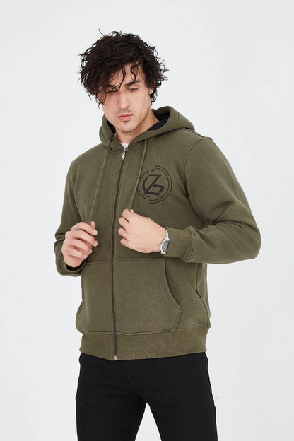 Erkek 3 İplik Pamuklu Fermuarlı Kapüşonlu Kanguru Cepli Baskılı Hoodie Hırka Sweatshirt - Yeşil