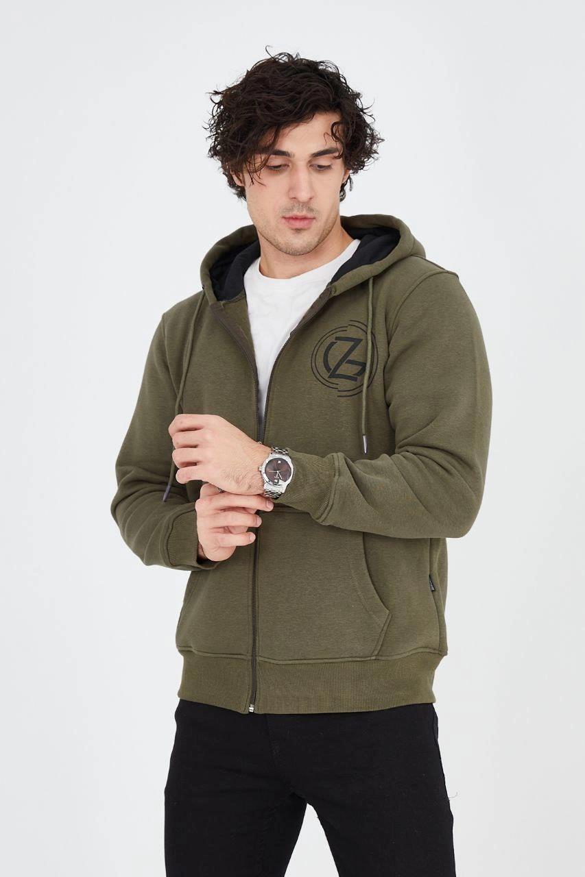Erkek 3 İplik Pamuklu Fermuarlı Kapüşonlu Kanguru Cepli Baskılı Hoodie Hırka Sweatshirt - Yeşil